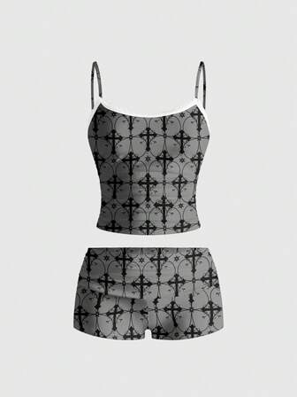 Sexy Gothic Dark Cross Vine Lace Trim Camisole And Shorts Set For Women