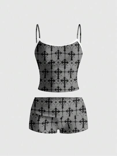 Goth Sexy Gothic Dark Cross Vine Lace Trim Camisole And Shorts Set For Women