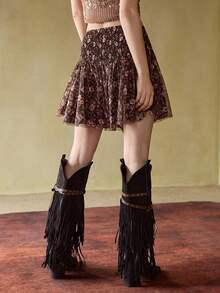 MOTF STUDIO WOMEN'S ALLOVER FLORAL PRINTED TIE FRONT A-LINE SKIRT, AUTUMN/WINTER - Coffee Brown - View 7