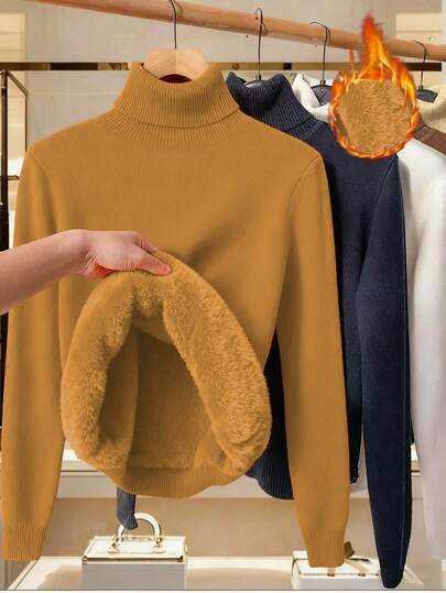 SHEIN LUNE كنزة صوفية ذات رقبة عالية بأكمام طويلة مبطنة بالحرارة بلون أحادي للمقاسات الكبيرة