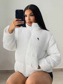 SHEIN SXY 女士休闲纹理拉链立领绗缝外套，秋冬款，白色俱乐部风，白色Y2K - 白色 - 查看 6