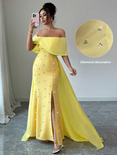 Elenzga 女士优雅奢华亮片缀饰露肩高开衩连衣裙，万圣节、圣诞节、沙特国庆节、新年派对、毕业典礼、婚礼、角色扮演的正式礼服，黄色拉链