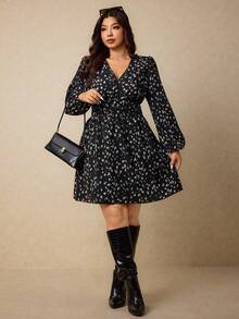 Elaquor Plus Size V-Neck Allover Print Casual Versatile Long Sleeve Dress Flower - Multicolor - View 3