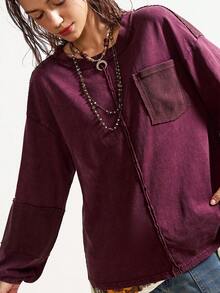 Bohemela 休闲针织拼接圆领长袖水洗宽松女式卫衣 - 紫色 - 查看 4