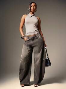 Denimoi Women's Fashionable Vintage Washed Low-Waist Flared Leg Jeans