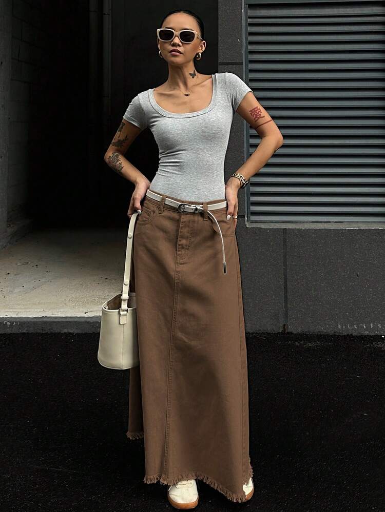 Women's Casual Loose Denim Skirt With Frayed Hem, Autumn