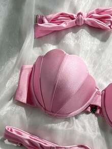Swim Mod 2件套花瓣拼接硬杯可拆卸肩带纯色性感比基尼套装 - 粉色 - 查看 5