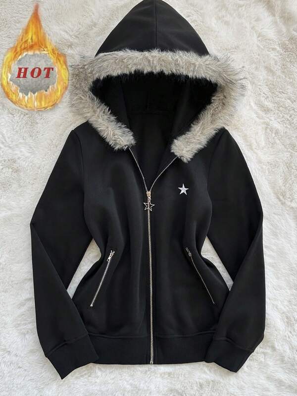 Noixe Vintage American Style Solid Color Star Print Hoodie Jacket, Casual Fleece Collar Outerwear