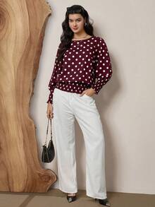 SHEIN LUNE Áo cánh tay dài cổ tròn in họa tiết chấm bi cỡ lớn cho ngày lễ - Đỏ - Xem 5