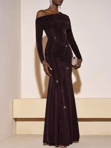 Zivah 2025 Autumn/Winter New Year, Valentine's Day, Party, Banquet, Date, Birthday Party, College Style, Student Wear, Daily Casual, Basic Versatile, Casual, Cruise Travel, Viral Hit, Elegant, Commute, Business Casual, Minimalist, Sexy Club, Asymmetrical Shoulder Long Sleeve, Waist-Cinched Fishtail Hem, Hip Crossover Ruched, Shimmery Dark Brown Fabric, Formal Dress, Party Maxi Dress, Women's Dress - Rust Brown - View 5