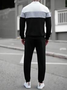 Manfinity CasualCool 男士秋冬拼接长袖上衣和裤子套装，黑白灰拼接，半开襟纽扣设计，简约字母印花，男士慢跑服，男士运动套装，男士两件套运动服，男士慢跑套装，男士黑白套装，复古风格，日常休闲，周末旅行，户外活动，探险旅行，轻松的工作环境或半正式场合，男友/丈夫礼物，周年纪念礼物，圣诞节服装 - 彩色 - 查看 2