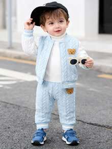 SHEIN 0-3 Years Old Infant/Unisex Blue & White Contrast Color Cardigan Jacket And Solid Light Blue Pants 2 Pieces Set. Adorable Bear Ear Decor, Loose Comfortable Fit, Suitable For Outdoor Play, Casual Home Wear, Sports, And Party Occasions. Blue Baby Boy Outfits Baby Boy Clothes Suit Baby Boy Designer Outfit - Baby Blue - View 7