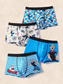 Popeye X SHEIN 4pcs Tween Boy Cool Boy Soft & Comfy Cute Cartoon Printed Underwear,Basic Casual Briefs Fall Winter Boxers For Kids Cartoon Boxers Boxers Graphic Boys Trunks Kids Underwear Boys - Blue - View 1
