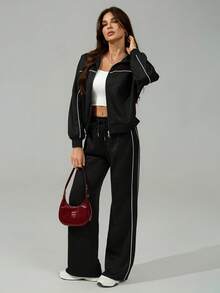 SHEIN Tall Women's Fall/Winter Streetwear Basic Going Out Back To School 2pcs Set Zip Front Long Sleeve Hoodie And Drawstring Waist Pants Casual Suit - Black - View 4
