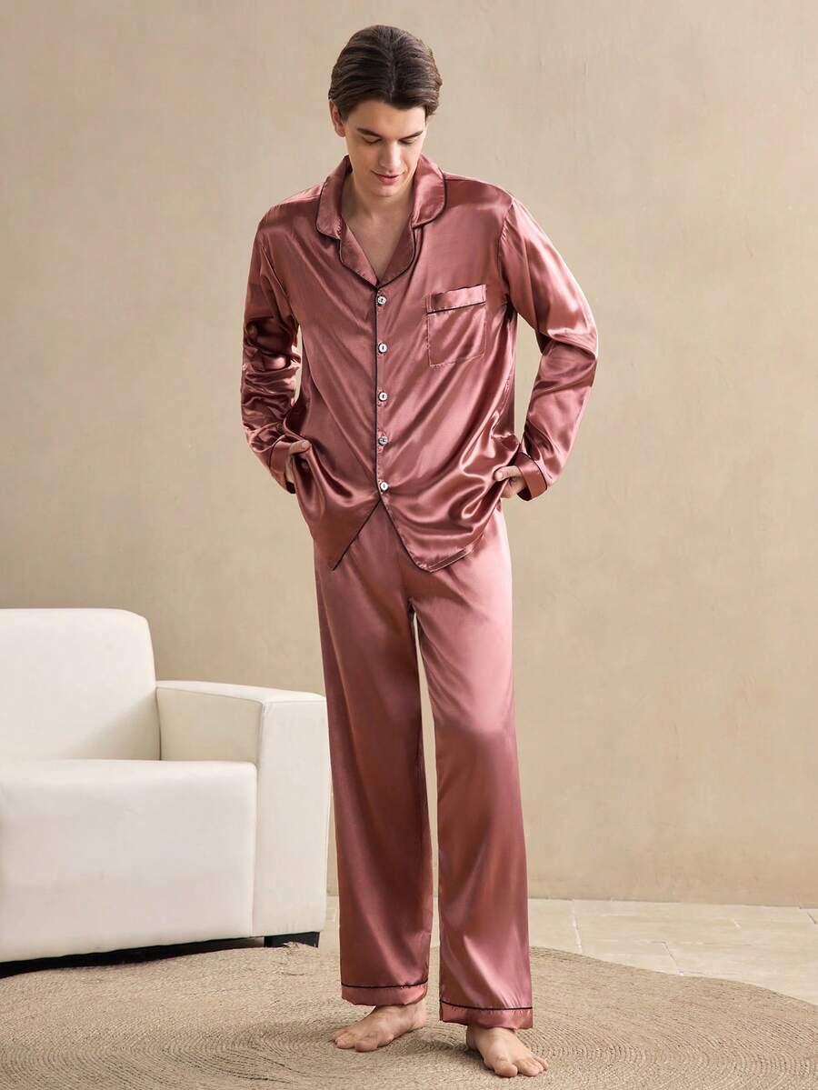 EverLounge 男士翻领长袖单排扣上衣和裤子家居服套装，冬季服装 - 棕色 - 查看 1