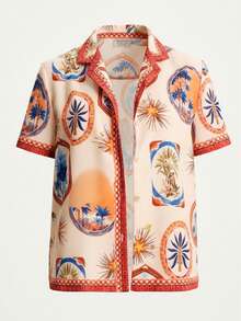 CAJUNI 女士休闲度假米色短袖印花衬衫 - 约会装 - 海滩 - 彩色 - 查看 4