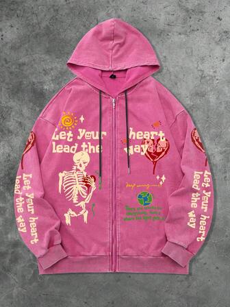 Goth Sudadera con capucha con estampado de cráneos y copos de nieve para hombre, otoño