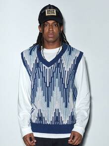 Modcrash Autumn Geometric Pattern Knit Casual Loose V-Neck Sleeveless Vest Top, Unisex Business Commuter Wear For Back To School, Spring/Autumn/Winter - Blue - View 2