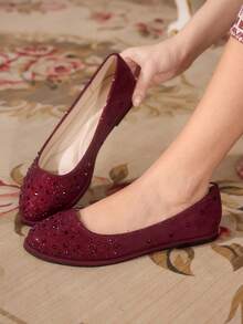 CUCCOO TILAWA Women's Round Toe Rhinestone Flat Slip-On Shoes - Burgundy - View 5