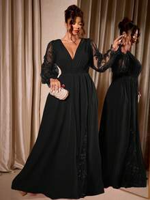 Cravure Plus Size Women's Elegant Deep V-Neck Lace Patchwork Long Sleeve High Slit Maxi Dress, Suitable For Graduation, Holidays, Valentine's Day, Christmas, Music Festivals, Mother's Day, Halloween, Thanksgiving, Easter, National Day, Balls, Dates, Parties, Weddings, Outdoor Trips, Etc. - Black - View 5