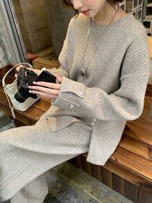DAZY Women's Solid Color Round Neck Split Hem Casual Long Sleeve Sweater & Pants 2 Pieces Set, Autumn/Winter - Coffee Brown - View 3