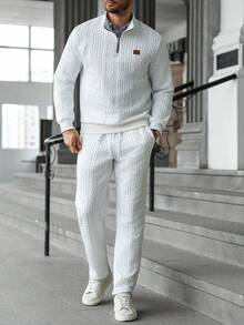 Manfinity Homme 两件套/男士休闲高领宽松落肩套头卫衣套装 男士针织套装 男士套装 男士运动服套装 男士两件套 白色男士运动服套装 - 白色 - 查看 3