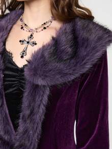 ROMWE Hippie 哥特式神秘暗夜女巫风格复古毛绒拼接开襟长款加大码女式开衫外套，紫色超长加大码外套 - 紫色 - 查看 7
