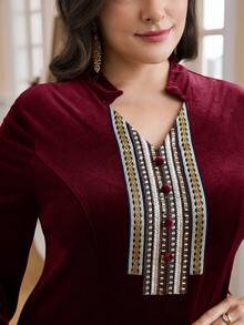 Al Najma Vestido elegante de estilo árabe con decoración de cinta para mujer de talla grande - Burdeos - Ver 6