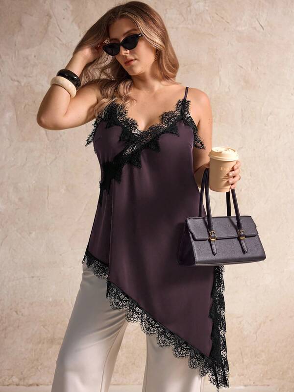 Elegantrix Canotta oversize da donna casual urbana, con scollo a V, orlo asimmetrico in pizzo, effetto patchwork e colore unito