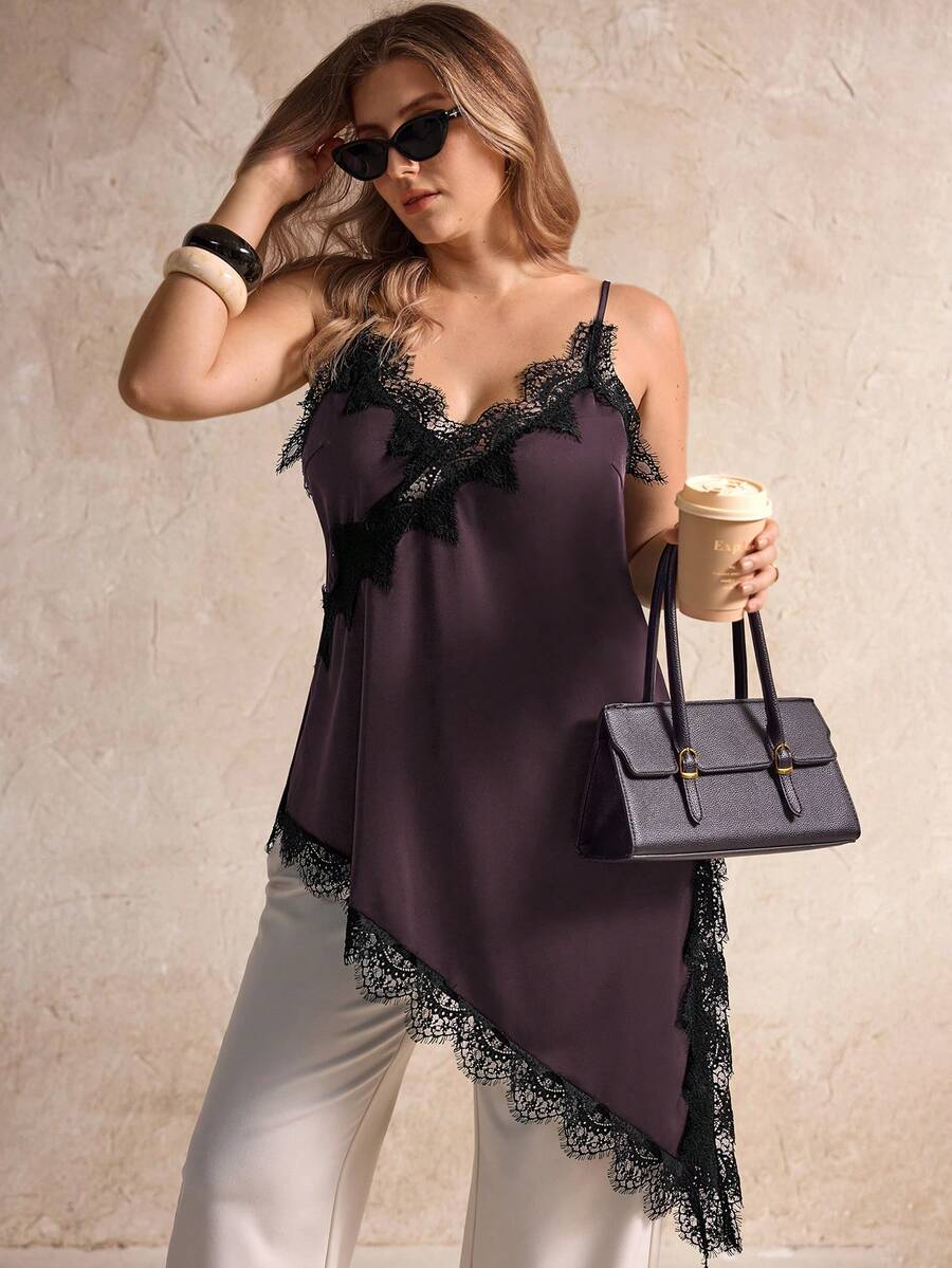 Elegantrix Canotta oversize da donna casual urbana, con scollo a V, orlo asimmetrico in pizzo, effetto patchwork e colore unito