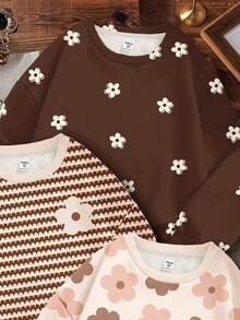 SHEIN Leap Crew Tween女孩 3件組休閒上衣，花卉、棕色條紋、米色，厚實柔軟可愛，開學季秋季服飾，寬鬆版型長袖冬季上衣 - 彩色 - 查看 6