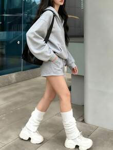 INAWLY Fashionable Casual Hooded Drawstring Pocket Grey Hoodie Sweatshirt & Shorts 2pcs Set For Women - Light Grey - View 3