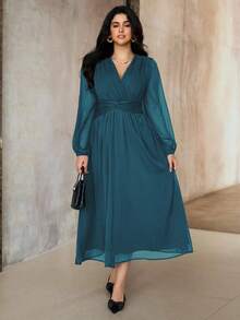 Roveilla 大码女式优雅复古中东风格雪纺连衣裙，采用褶皱面料，褶皱，腰部扭纹，A 字廓形，灯笼袖，长袖，适合下午茶、派对、春秋冬 - 水鴨藍 - 查看 4