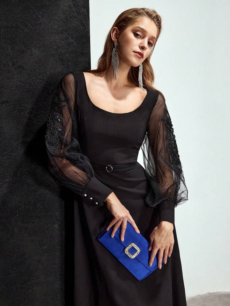 SEQUIN EMBROIDERY SHEER MESH LANTERN SLEEVE BUCKLE BELTED COCKTAIL DRESS