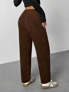 SHEIN PETITE Women's Casual Elastic Waist Corduroy Straight Leg Pants, Autumn Fall Pants Baggy Women Pants - Brown - View 2