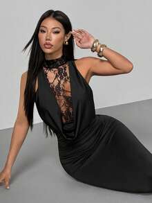 SHEIN PETITE 优雅黑色蕾丝高领修身连衣裙，适合春夏正式场合，也可作为婚礼宾客礼服 - 黑色 - 查看 7