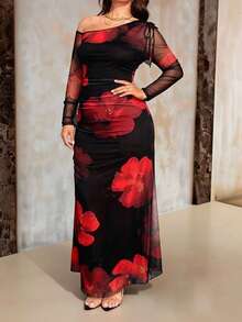 Roveilla Plus Size Floral Print Mesh Patchwork High Slit Long Sleeve Dress,Elegant Hibiscus One Shoulder Bodycon Maxi Black And Red,Autumn,Elegant,Party Dress - Black - View 4