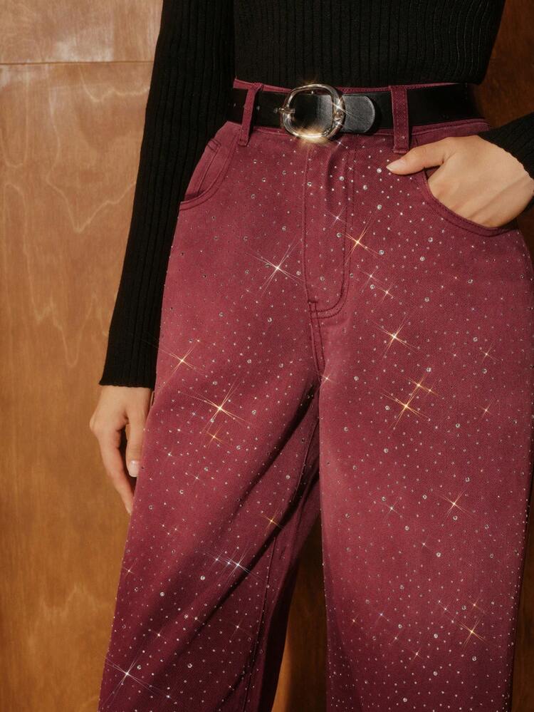 Women's Elegant Rhinestone Embellished Burgundy Straight Leg Pants,Seksi Chic Summer Night Out,Stylish Formal Wedding New Year Party Red Trousers