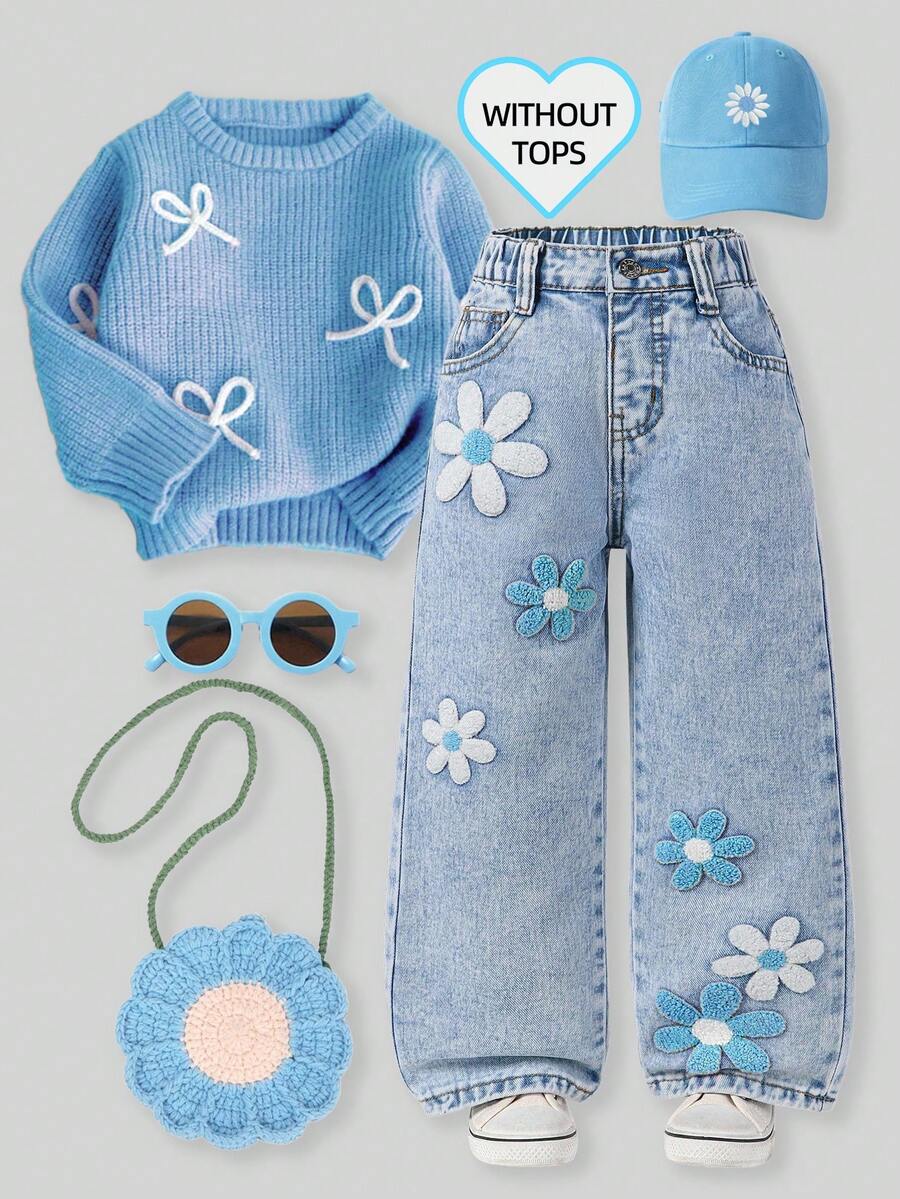 Snöflingetvättade, slitna, blommiga flockjeans med vida ben, 90-tal, moderiktiga för unga flickor