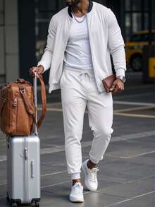 2pcs/Set Men's Casual Colorblock Baseball Collar Jacket & Pants Suit, Autumn, Cozy Outfits - White - View 1