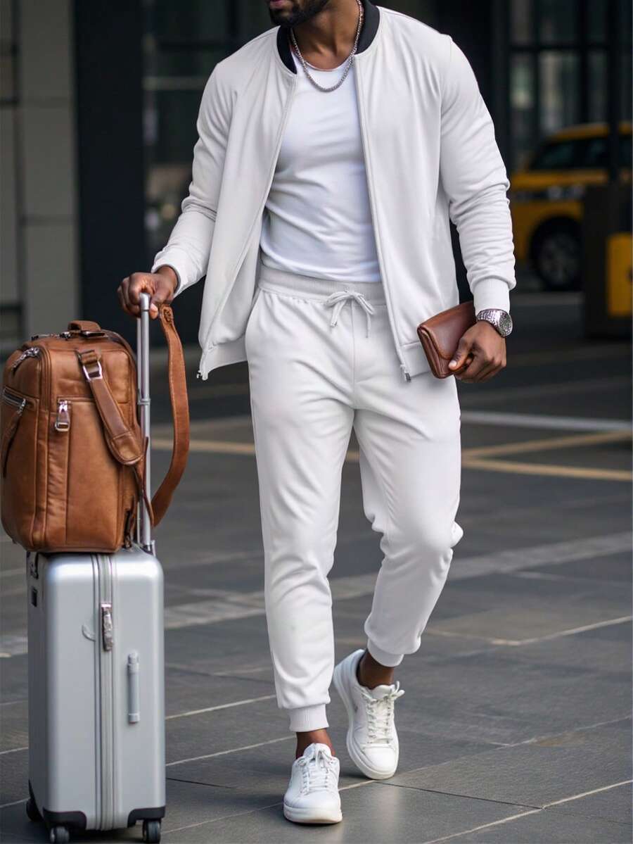 2pcs/Set Men's Casual Colorblock Baseball Collar Jacket & Pants Suit, Autumn, Cozy Outfits - White - View 1