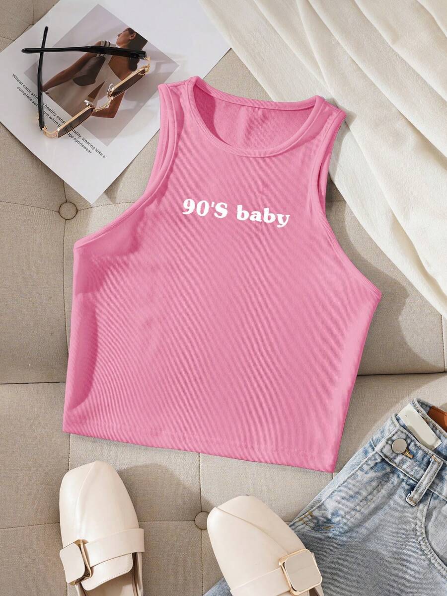 INAWLY 字母印花修身圆领背心图案T恤女式上衣