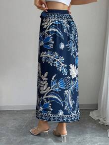 Elenzga 女士印花系带腰身休闲裹身裙，适合度假 - 彩色 - 查看 2