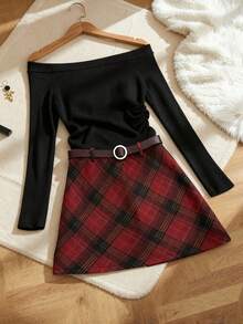 SHEIN Elenzya 一套露肩纯色长袖上衣和迷你裙女装两件套 - 彩色 - 查看 7