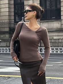 DAZY 不对称扭结设计休闲商务优雅棕色T恤，适合新年、圣诞节、婚礼派对、秋冬季等场合。 - 棕色 - 查看 7