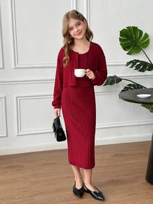 SHEIN Serisse Kids Tween Girl Casual Chic French Elegant Ribbed V-Neck Long Sleeve Fitted Cardigan Jacket With Slim Fit Long Dress Suit, Weekend, Casual Outing, Back To School Two Piece Red Outfit For Girls Dress Girl Teen Red Teen Girls Elegant Long Sleeve Dresses - Burgundy - View 4
