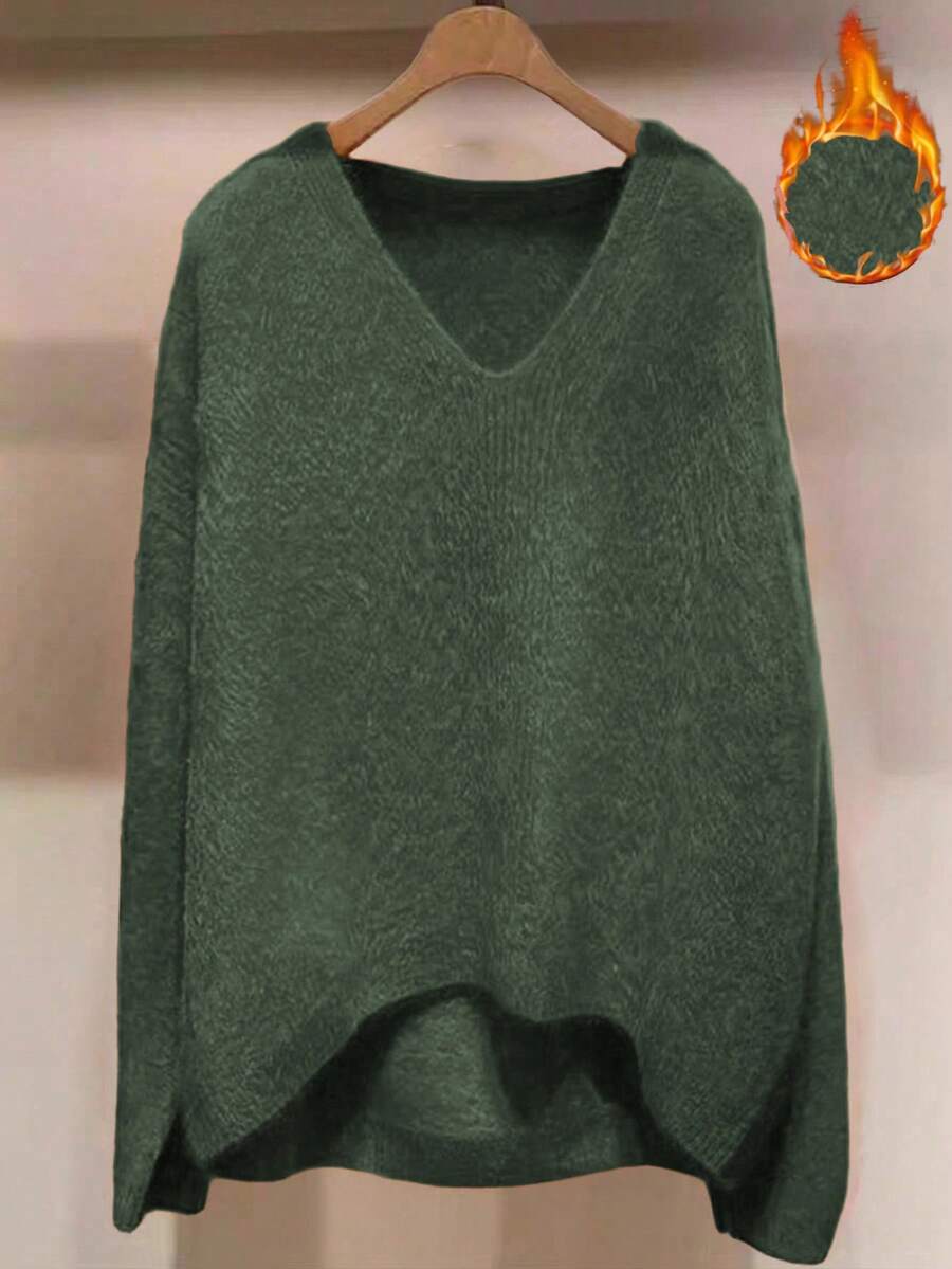 SHEIN LUNE 大码女式纯色V领长袖高低摆休闲套头毛衣,秋冬款 - 軍綠色 - 查看 1