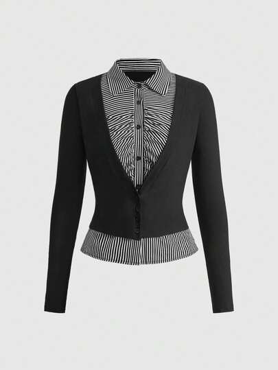 Goth Blusa vintage da donna in stile gotico, a patchwork e righe, 2 in 1