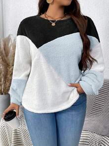 EMERY ROSE Sudadera de cuello redondo con bloques de color cálidos y acolchados en talla grande - Azul - Ver 4