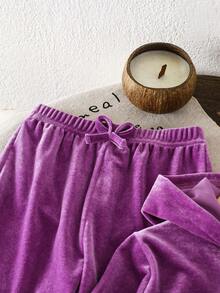 SHEIN 2pcs/Set Young Girl Solid Color Long Sleeve Zip-Up Hoodie And Pants Casual Outfit - Red Violet - View 6